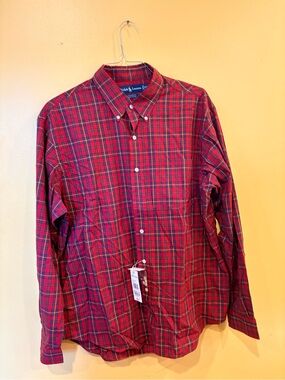Ralph Lauren Red Plaid Button-Down Shirt with Green & Navy Accents NWT